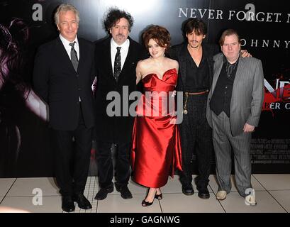 (L-R) Alan Rickman, Tim Burton, Helena Bonham Carter, Johnny Depp and Timothy Spall at the premiere of Sweeney Todd: The Demon Barber of Fleet Street at the Odeon West End Cinema, Leicester Square, London. Stock Photo