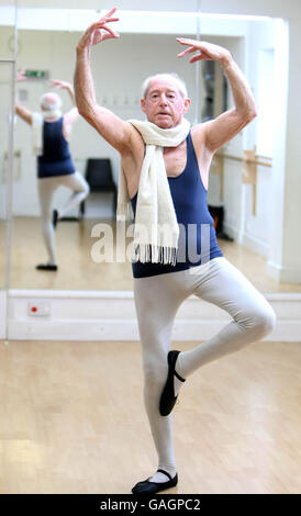 Retired teacher John Lowe, of Witchford, Cambridgeshire practices ballet in a Cambridgeshire studio ahead of a starring role in his first ballet production. Stock Photo