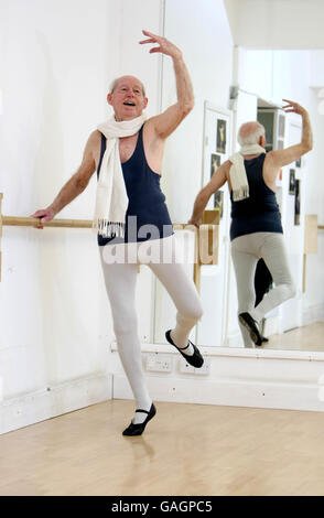 Retired teacher John Lowe, of Witchford, Cambridgeshire practices ballet in a Cambridgeshire studio ahead of a starring role in his first ballet production. Stock Photo