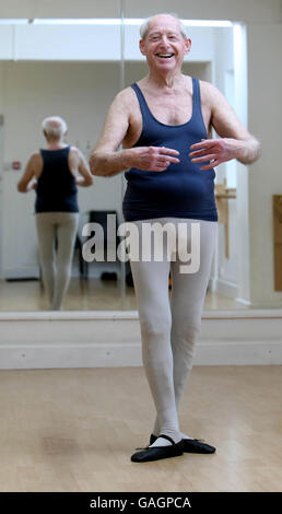 Retired teacher John Lowe, of Witchford, Cambridgeshire practices ballet in a Cambridgeshire studio ahead of a starring role in his first ballet production. Stock Photo