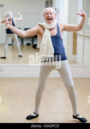 Retired teacher John Lowe, of Witchford, Cambridgeshire practices ballet in a Cambridgeshire studio ahead of a starring role in his first ballet production. Stock Photo