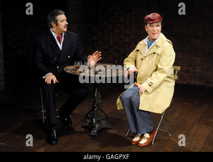 Philip Quast, who plays Georges, (left) and Douglas Hodge performing as Albin during a rehearsal for La Cage Aux Folles at the Menier Chocolate Factory in central London. Stock Photo