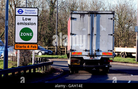 STANDALONE Photo. A sign displaying the start of the new 'Emission Zone' at the Heston Roundabout where the A312 meets the M4 roadways. Stock Photo