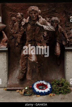 A contemporary sculpture at Victoria Embankment in central London, which was unveiled by the Prince of Wales to mark the 65th anniversary of the Battle of Britain. The bronze relief is the work of Paul Day, 35, a sculptor who lives in Dijon in France and carries the names of the 2,953 aircrew from 16 different countries who fought the air battle from July 10 until October 31 1940 - a battle which proved a turning point by thwarting German invasion plans. Stock Photo
