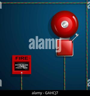 Fire alarm on the wall. Bell, button and wires. Stock Vector