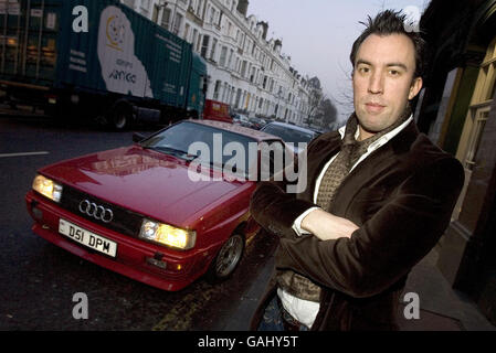 Virgin Radio disc jockey Christian O'Connell arrives at the Brit Awards Ceremony in a red Audi Quattro, similar to the one driven by Jean Hunt in the TV series Ashes to Ashes, Earls Court, London. Stock Photo