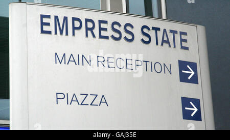 A general view of the sign for the Empress State building on Lillie Road, near West Brompton tube station, London. The skyscraper, built in 1961 and renovated in 2003, is 385ft high and is occupied by the Metropolitan Police and Transport for London staff. Stock Photo
