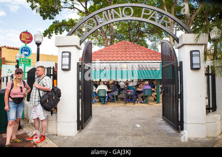 MIAMI, FLORIDA - APRIL 25, 2016: Game players at historic Domino Park along Calle Ocho in Little Havana. Stock Photo