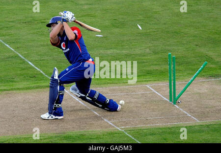 England's Luke Wright is bowled for 30 runs during the National Bank Twenty20 International match at the AMI Stadium, formerly known as Lancaster Park, Christchurch, New Zealand. Stock Photo