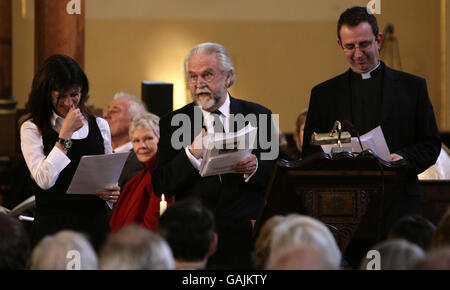 (Left-right) Emma Freud, Ian Gardhouse and The Reverend Richard Coles perform a reading, 'Notes On Loose Ends', during the memorial service for the late broadcaster Ned Sherrin CBE, held at St Paul's Church in Covent Garden, central London. Stock Photo