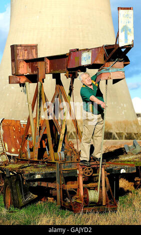 Joe Weston-Webb, 70, of Radcliff on Soar, Nottinghamshire, who has decided to protect his business with a Roman style catapult after he recently became the target of vandals. Stock Photo