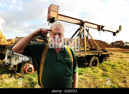 Joe Weston-Webb, 70, of Radcliff on Soar, Nottinghamshire, who has decided to protect his business with a Roman style catapult after he recently became the target of vandals. Stock Photo