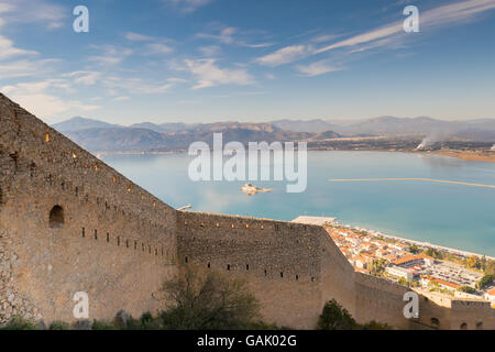 Bourtzi castle landscape at Nafplio in Greece. View from Palamidi castle. Stock Photo