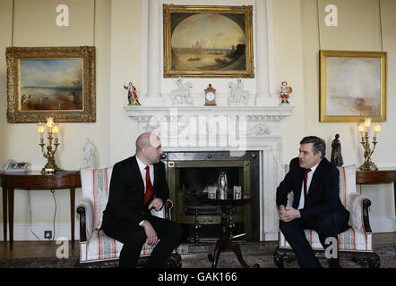 British Prime Minister Gordon Brown (right) meets the Swedish Prime Minister Fredrik Reinfeldt at 10 Downing Street, London. Stock Photo