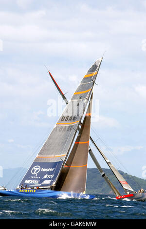 Yachting - Louis Vuitton Cup - Semi Final - First Race. Prada (Italy) crosses with OneWorld (USA) in the first race of the Louis Vuitton semi finals held on Auckland's Hauraki Gulf, Tuesday. Stock Photo