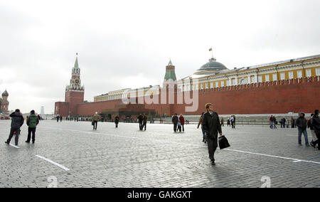 Red Square showing the walls of the Kremlin and Lenin's tomb, in Moscow. Stock Photo
