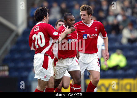 Nottingham Forest's David Johnson celebrates his goal with team mates Andy Reid and Gareth Williams Stock Photo