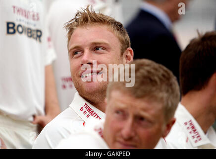 Cricket - Lancashire Press Day - Old Trafford Cricket Ground. Andrew Flintoff takes his palce in the Lancashire team group during the press day at Old Trafford Cricket Ground, Manchester. Stock Photo