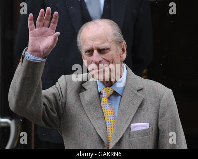 Prince Philip leaves King Edward VII Hospital in London today after suffering a chest infection. Stock Photo