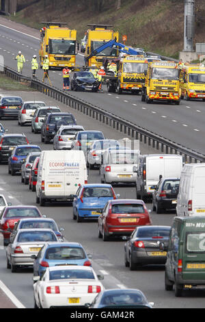 Accident on M. Emergency services deal with a multi-vehicle motorway crash on the M6 near Sandbach, Cheshire. Stock Photo