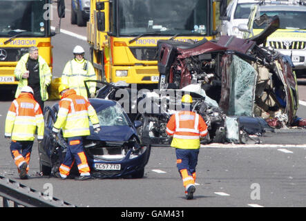 Emergency services deal with a multi-vehicle motorway crash on the M6 near Sandbach, Cheshire. Stock Photo
