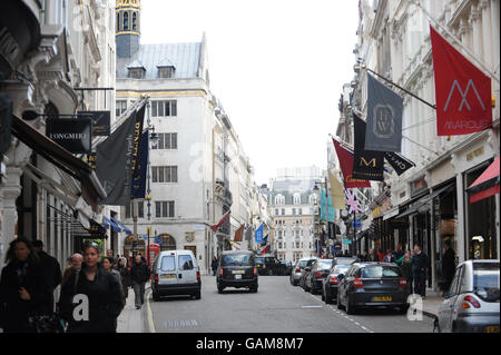 Bond Street stock. A general view of flags hanging from shops in Bond Street, London. Stock Photo