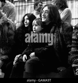 Yoko Ono, Julian Lennon and his father John Lennon (of the Beatles) at the rehearsal of the Rolling Stones Rock and Roll Circus, at the Intertel Studios, Wembley, London. Stock Photo