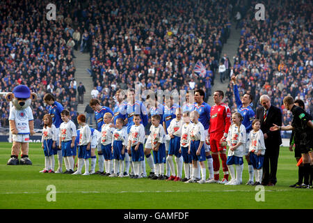 Dundee And Rangers Line Up Before The Premier League Match At Ibrox 