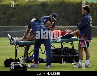 England's Ryan Sidebottom receives treatment during practice at Nelson Park, Napier, New Zealand. Stock Photo