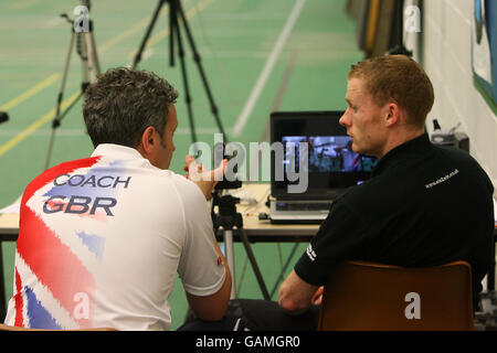 Archery - British Paralympic Association - Training - Lilleshall National Sports Centre. A Team Great Britain coach studies training footage as the British Paralympic archery team prepare for the Beijing Olympics Stock Photo