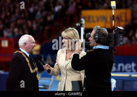 BBC reporter Jill Douglas interviews Alex Mosson the Mayor of Glasgow Stock Photo