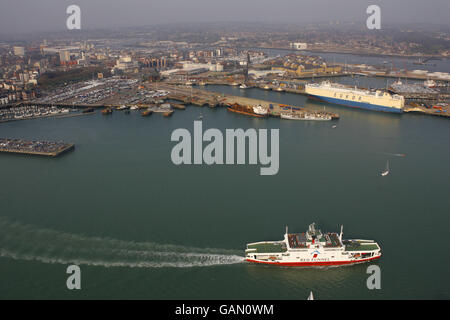 General view of a Red Funnel car ferry leaving Southampton Docks heading to Cowes on the Isle of Wight. Stock Photo