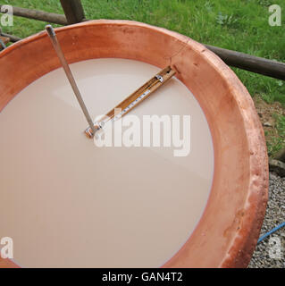 thermometer in a copper pot with the milk for the production of cheese Stock Photo