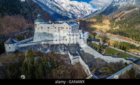 Aerial view of Alpine castle Werfen (Hohenwerfen) near Salzburg, Austrian Alps, Austria Stock Photo