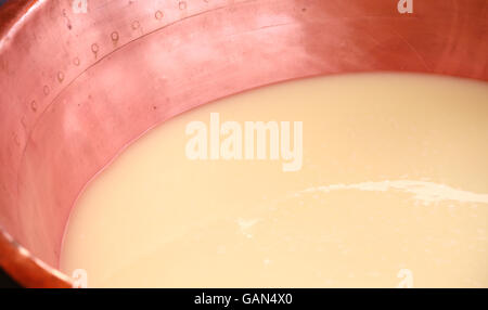 big copper pot with the milk and the whey for the production of cheese Stock Photo