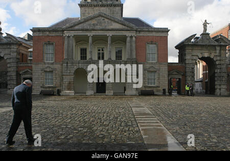 The outgoing Irish premier Bertie Ahern, left, waits to greet the former British Prime Minister Tony Blair to a meeting at Dublin Castle which forms part of a series of events to mark the 10th anniversary of the Good Friday Agreement. Stock Photo