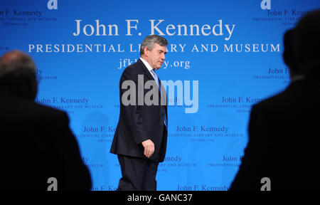 Prime Minister Gordon Brown leaves the stage after delivering a speech at the John F. Kennedy Library in Boston today to an audience of business, political and academic leaders on the final day of his three day visit to the U.S. Stock Photo