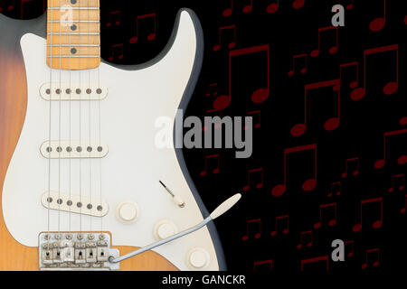 Electric guitar having red notes on a black background. Stock Photo