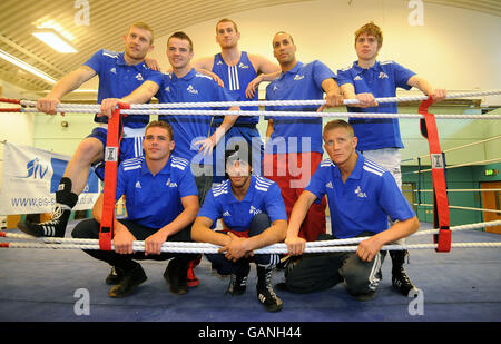 Members of the Great Britain Olympic Boxing team, back row left to right: Tony Jeffries, Frankie Gavin, David Price, James DeGale and Joe Murray. Front row left to right: Billy Joe Saunders, Khalid Yafai and Bradley Saunders pose during a photocall at the Sheffield Institute of Sport, Sheffield. Stock Photo