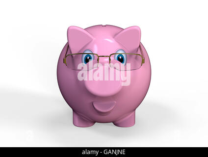 3D render image representing an piggy bank in front of a stack of money. Stock Photo