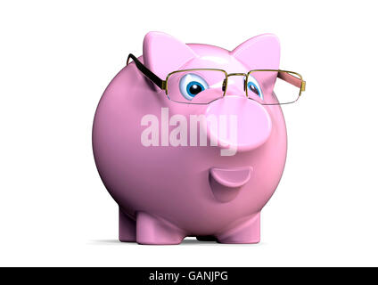 3D render image of a piggy bank with glasses representing an accountant Stock Photo