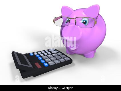 3D render image of a piggy bank with glasses representing an accountant Stock Photo