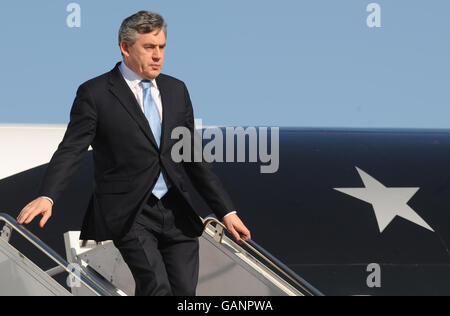 British Prime Minister Gordon Brown arrives at Andrew's Airforce Base in Washington DC on the first day of his three-day visit to the US. Stock Photo