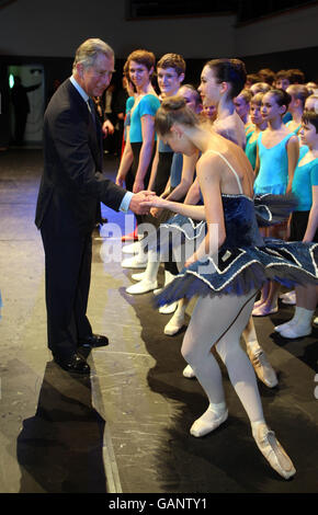 The Prince of Wales meets pupils from the Elmhurst Ballet school during a visit to reopen Birmingham's refurbished Town Hall. Stock Photo