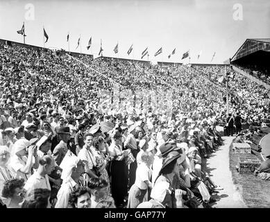 A section of the 80,000 crowd who watched the first day's events at Wembley Stock Photo