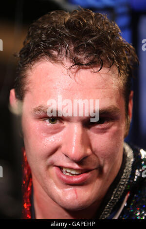 Tyson Fury gives an interview after his win over Damien Campbell Stock Photo