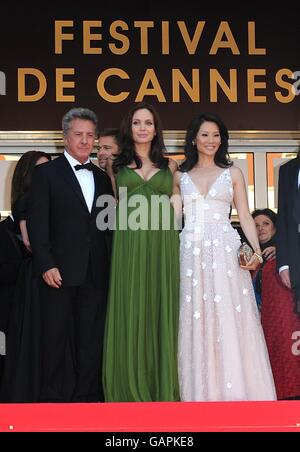 Dustin Hoffman, Angelina Jolie and Lucy Liu arrive for the screening of 'Kung Fu Panda' during the 61st Cannes Film Festival in Cannes, France. Stock Photo