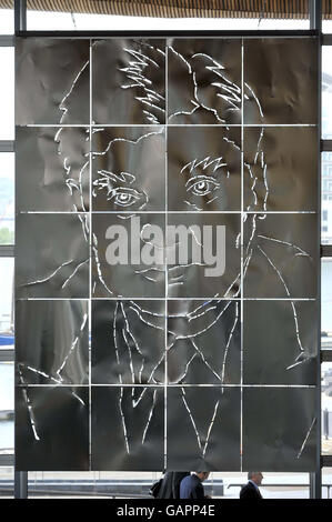 A portrait of Aneurin Bevan founder of the NHS by Artist Dylan Hammond at the Welsh assembly building. Stock Photo