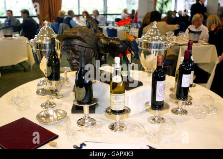 Horse Racing - Sandown - attheraces Gold Cup Celebration Meeting. Trophies on a table in the hospitality suite Stock Photo