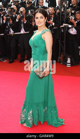 AP OUT Salma Hayek arrives for the screening of 'Indiana Jones and the Kingdom of the Crystal Skull' during the 61st Cannes Film Festival in Cannes, France. Stock Photo